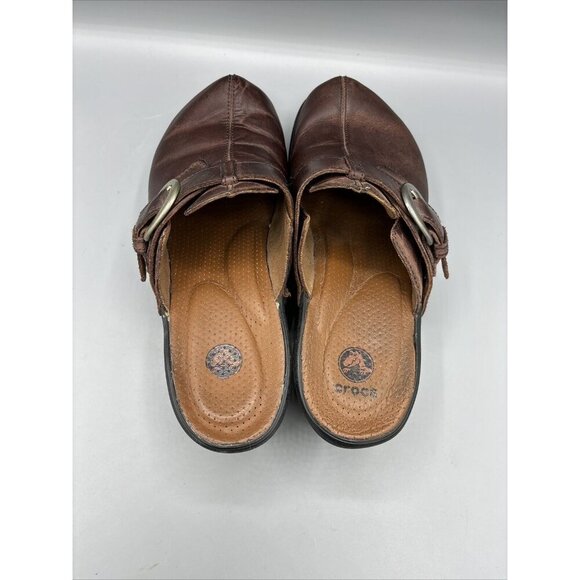 Crocs Brown Leather Mules Slip On Buckle Women’s 8 Comfort Shoes - Picture 4 of 8